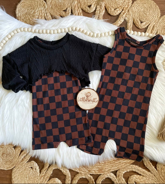 Checkered Tank Romper | Brown and Black Checkered Tank | Boy Romper | Sibling Rompers | Summer Rompers | Cropped Sweater